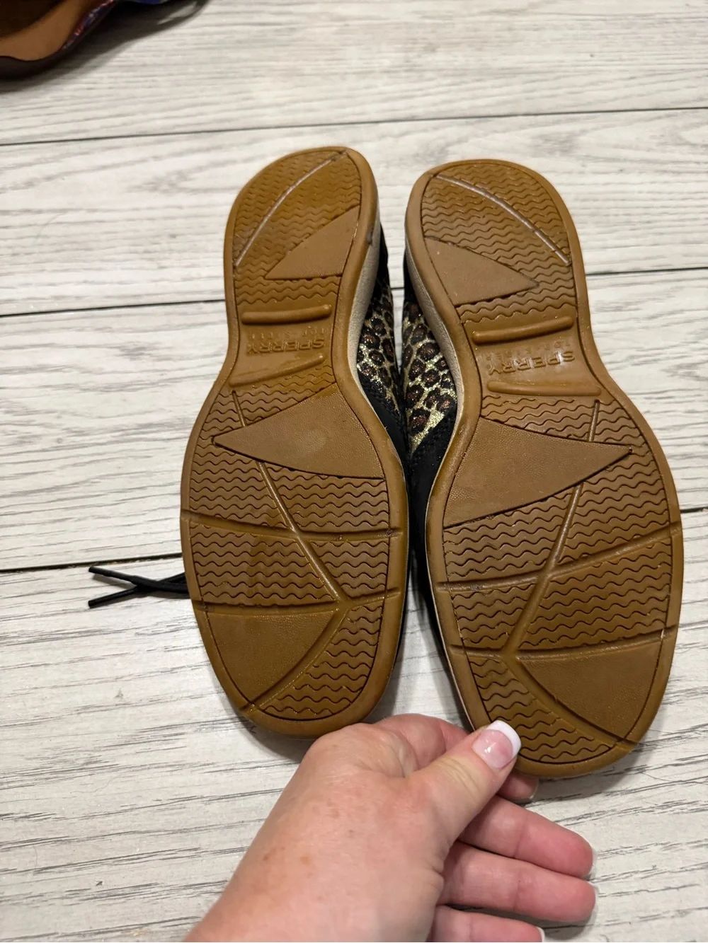 Women’s Sperry Black Suede Boat Shoes with Leopard metallic Trim size 9